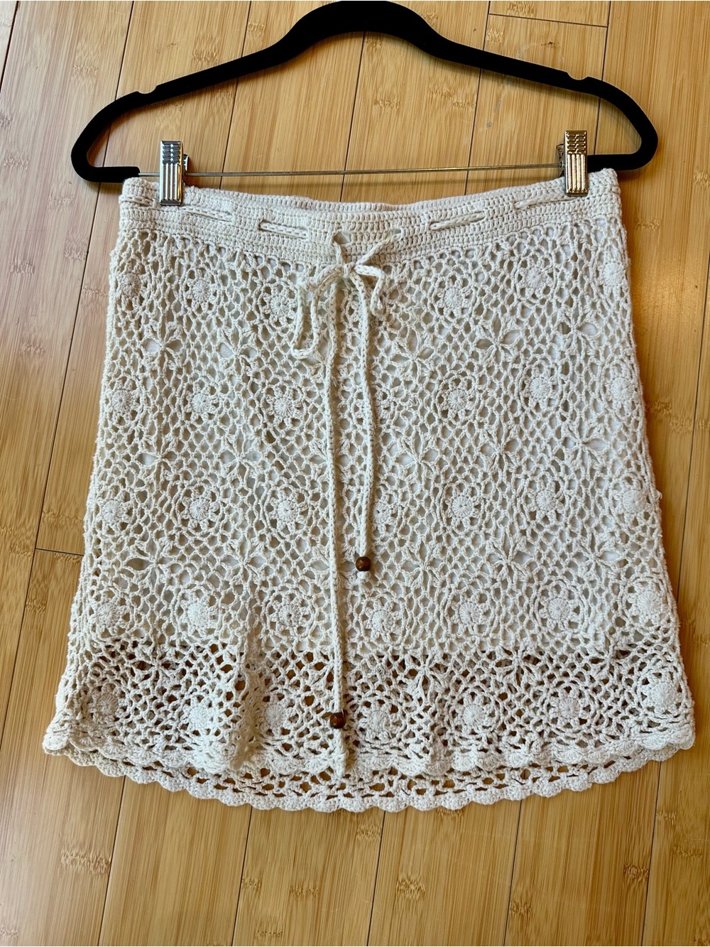 Crocheted Cream Drawstring Mini Skirt